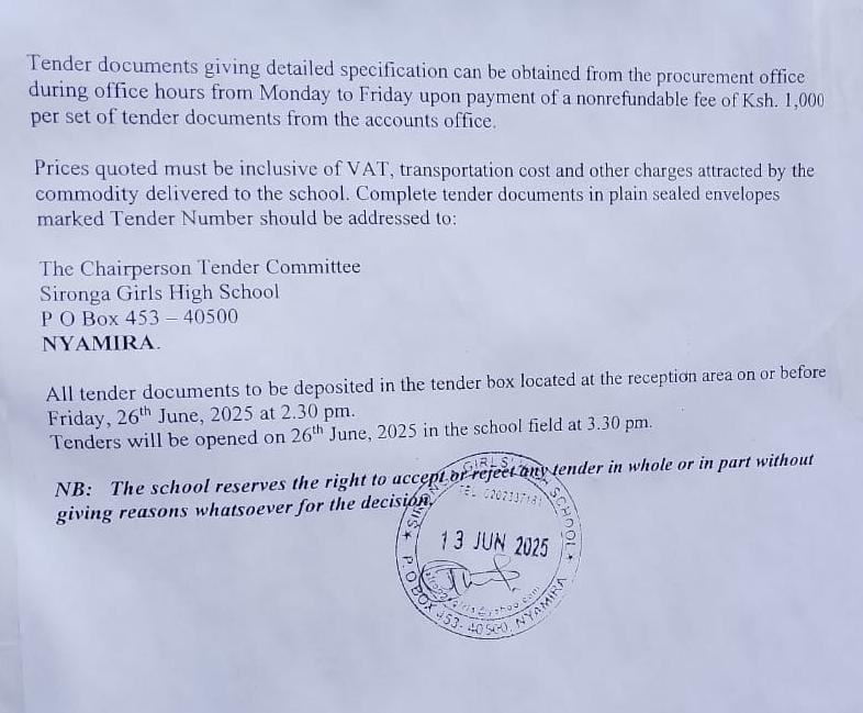 Tenders 30th June 2026 a